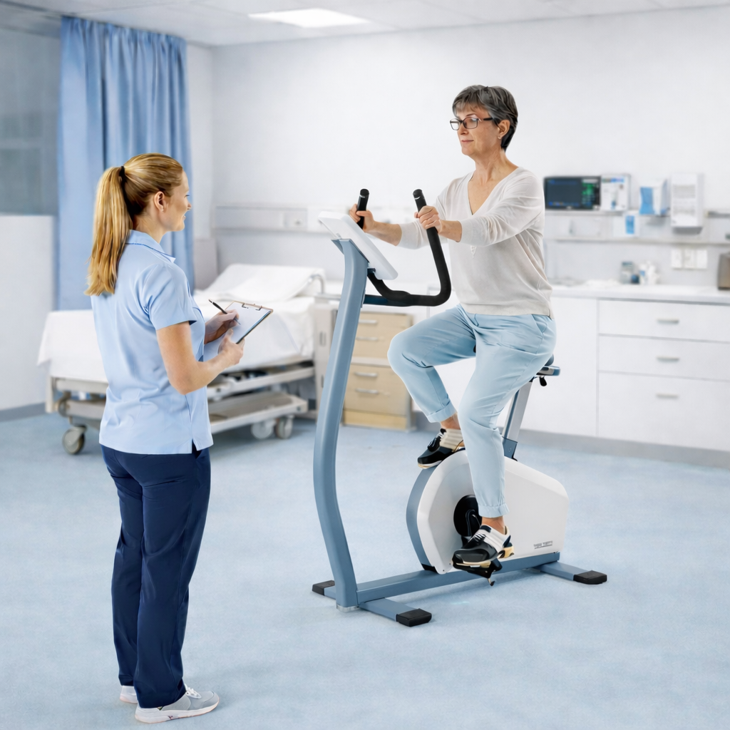 Patient using Optimise at a community centre on a medical exercise bike